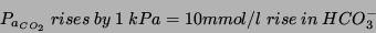 \begin{displaymath}
P_{a_{CO_2}}\ rises\ by\ 1\ kPa = 10 mmol/l\ rise\ in\ HCO\ensuremath{_3^-}
\end{displaymath}